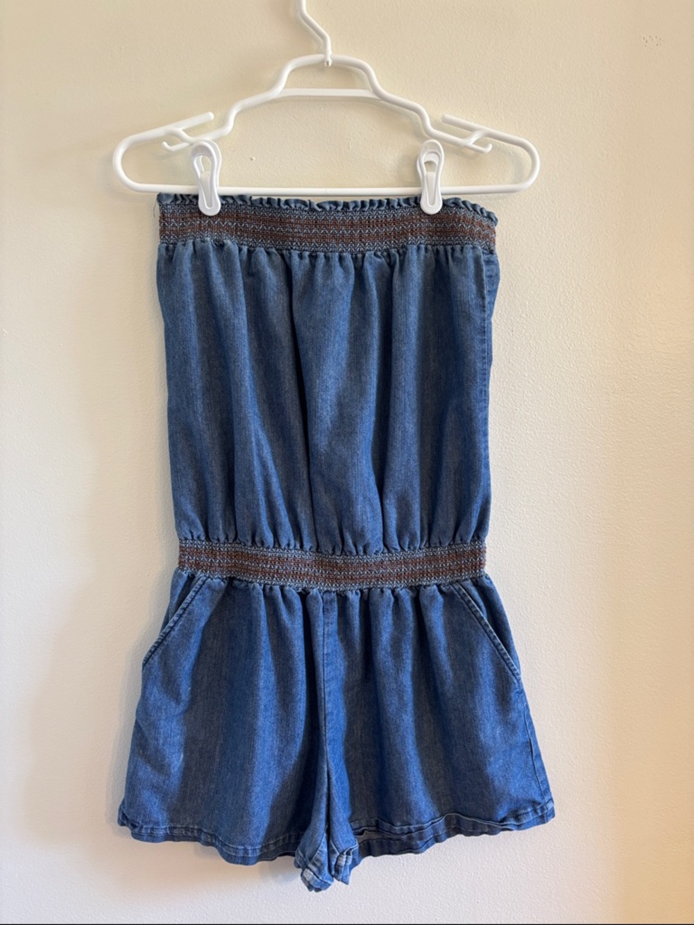 Women’s Denim Romper with Brown Smocked Waist